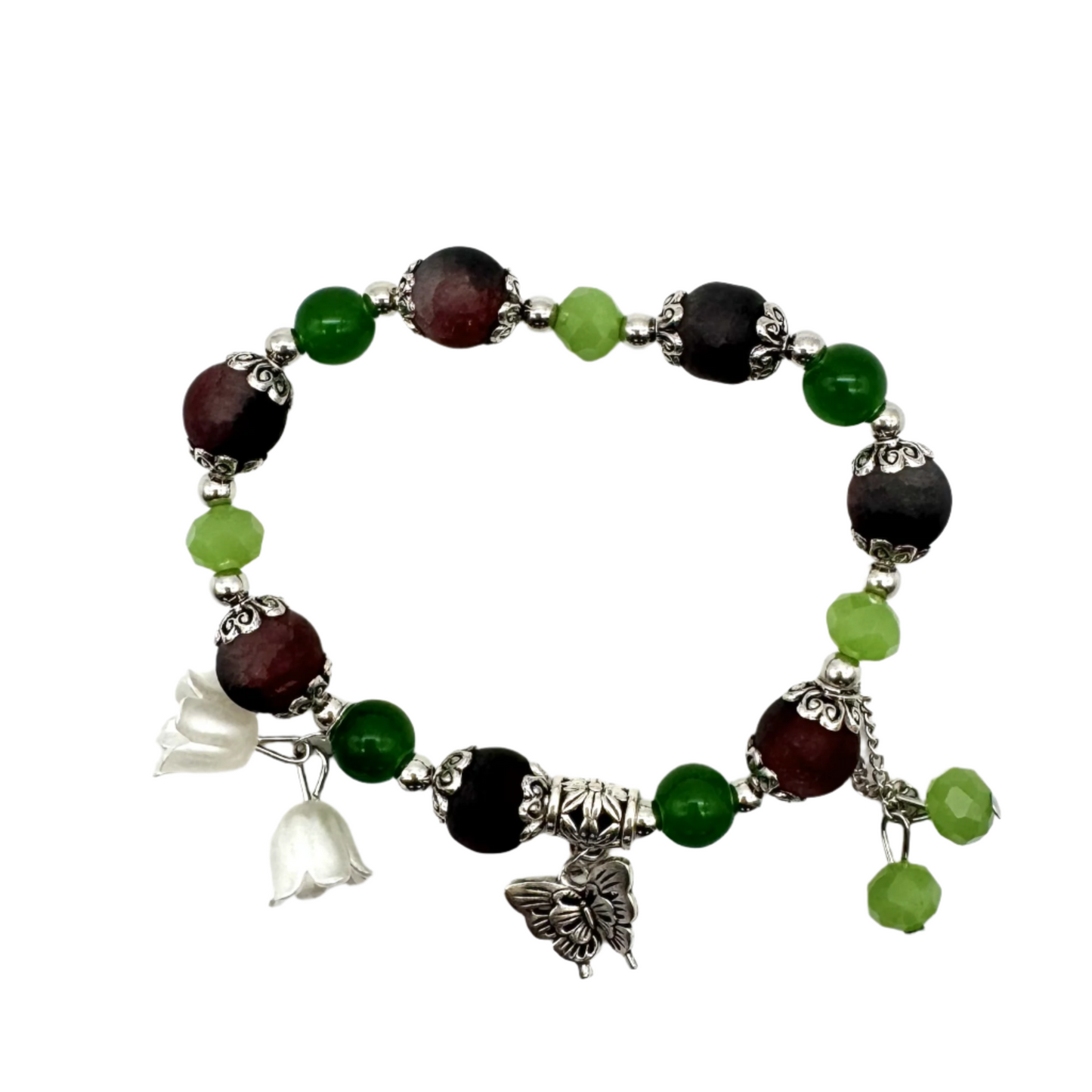 Green & Maroon Beaded Stretch Bracelet With Silver Spacers & Butterfly Charm