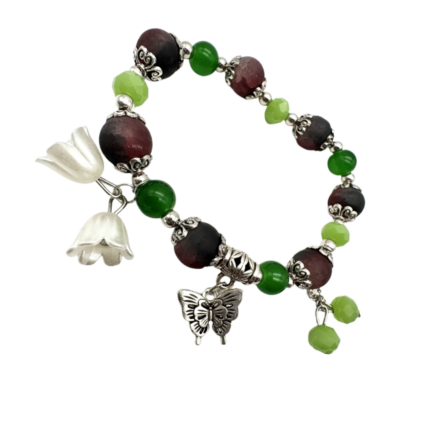 Green & Maroon Beaded Stretch Bracelet With Silver Spacers & Butterfly Charm