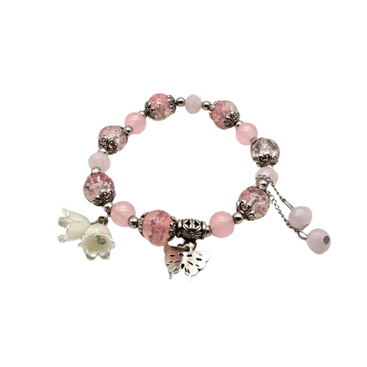 Pink Beaded Stretch Bracelet With Silver Spacers & Butterfly Charm