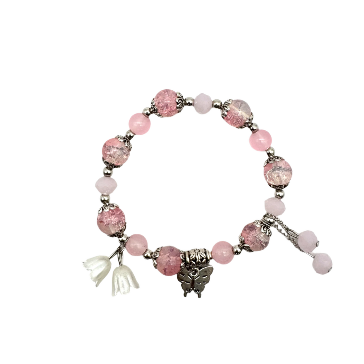 Pink Beaded Stretch Bracelet With Silver Spacers & Butterfly Charm