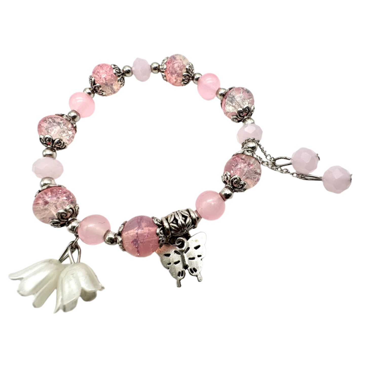 Pink Beaded Stretch Bracelet With Silver Spacers & Butterfly Charm