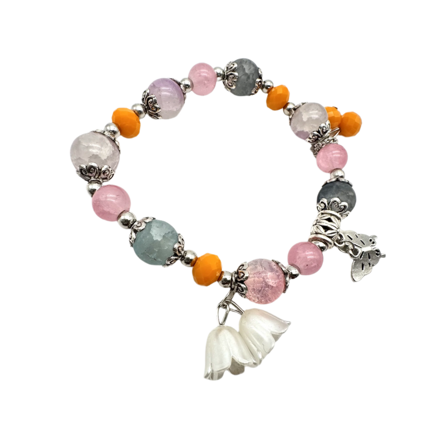 Grey, Pink & Orange Beaded Stretch Bracelet With Silver Spacers & Butterfly Charm