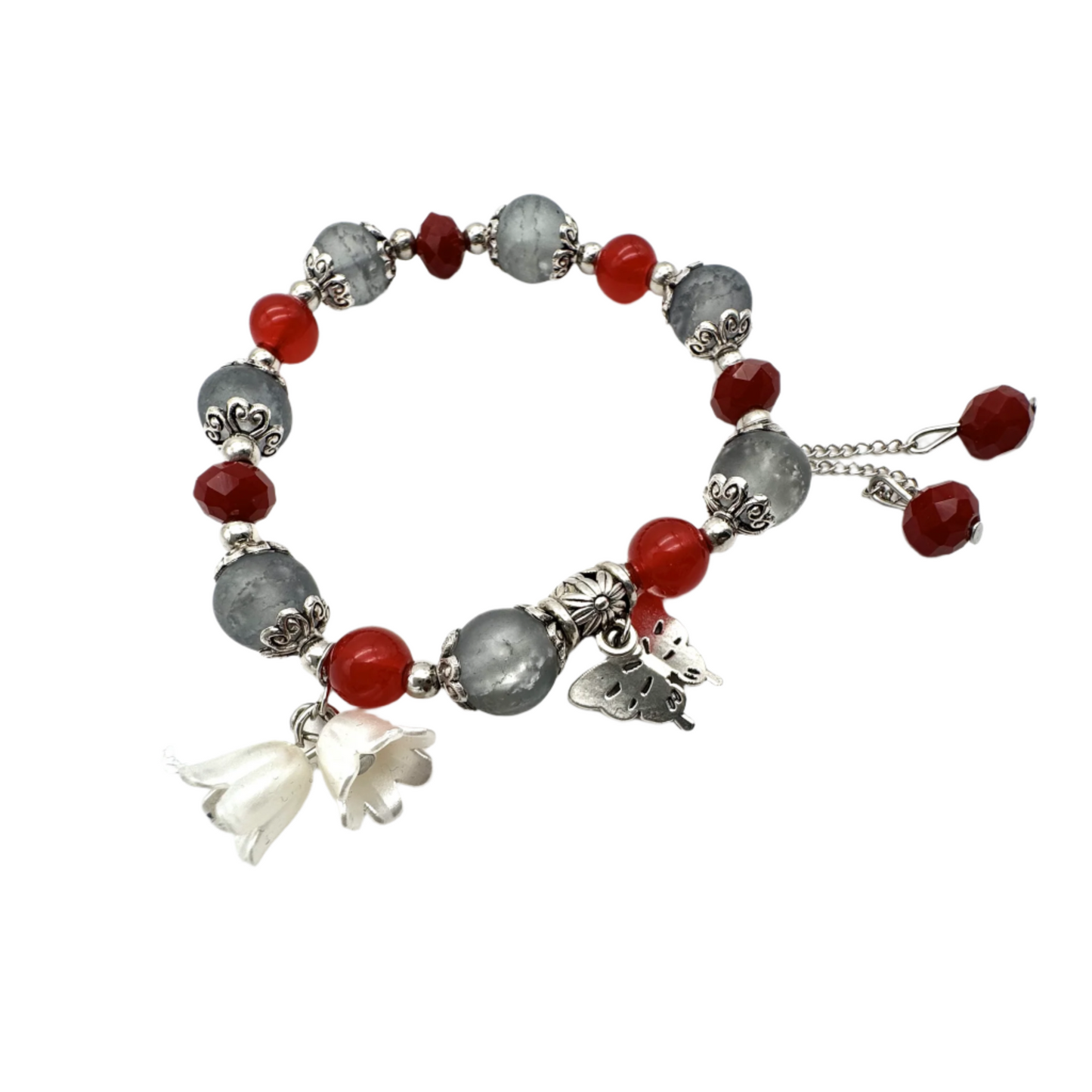 Red & Grey Beaded Stretch Bracelet with Silver Spacers & Butterfly Charm