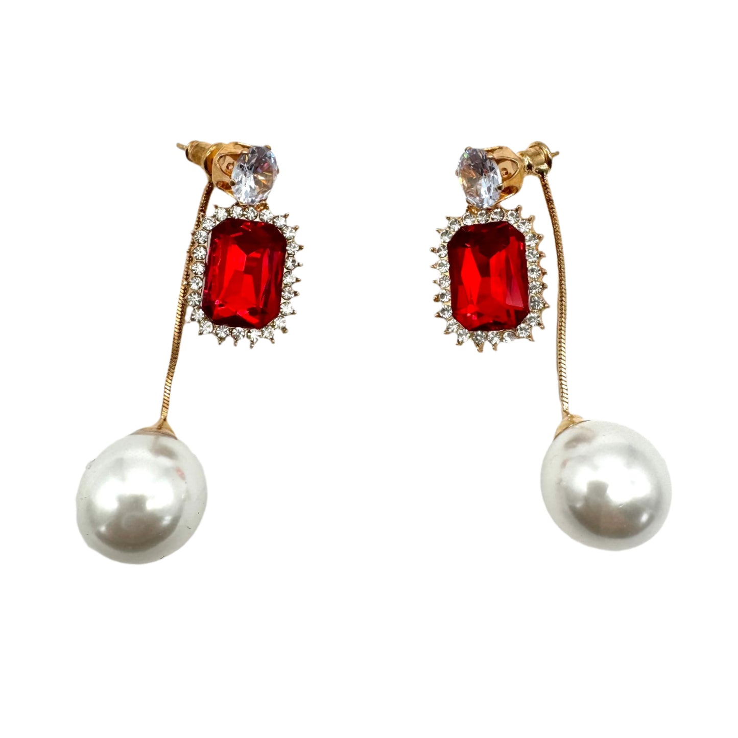 Gold Plated Earrings With Zirconia Ruby and A Pearl Stopper