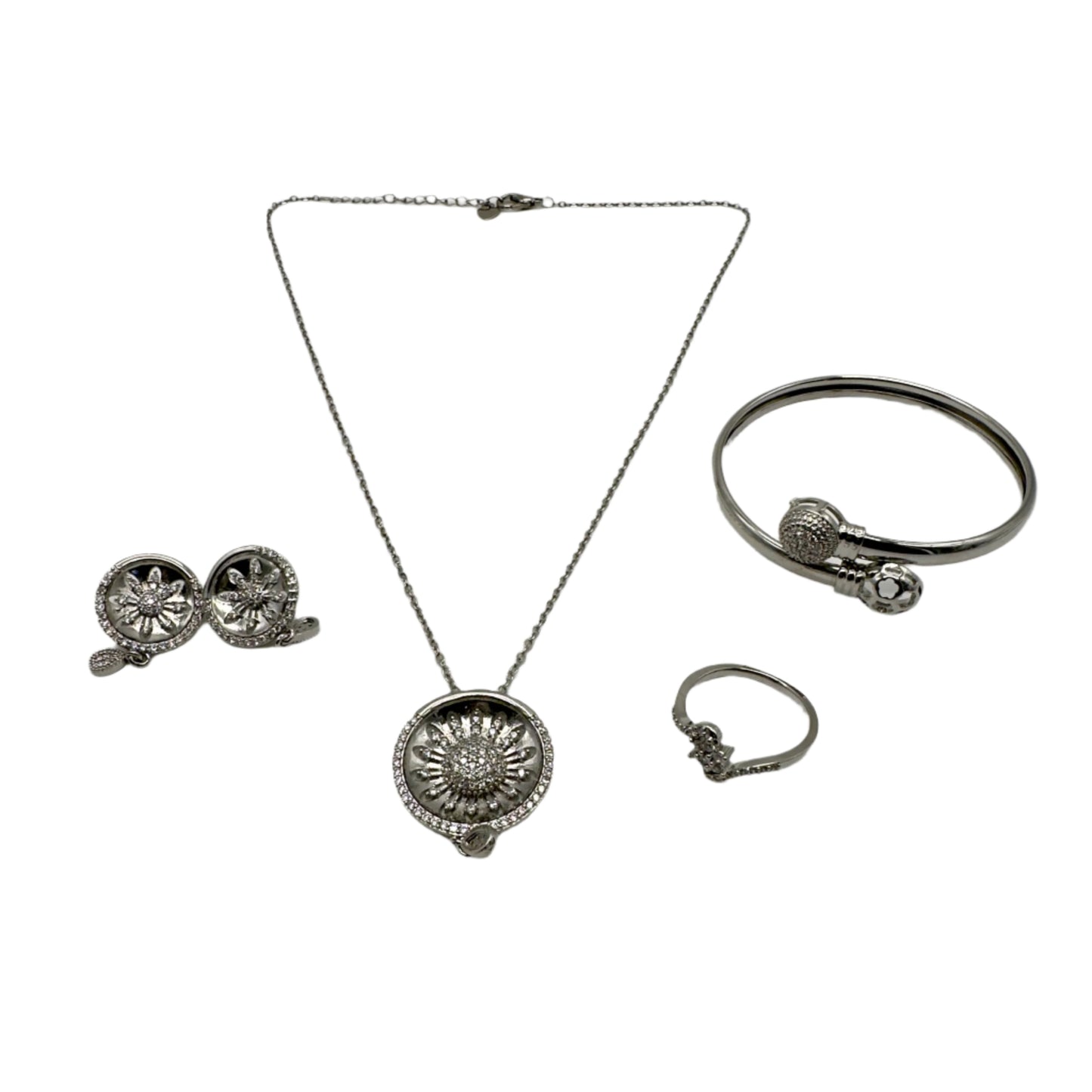 Sterling Silver & Zirconia Set w/ Necklace, Ring, Earrings and Cuff