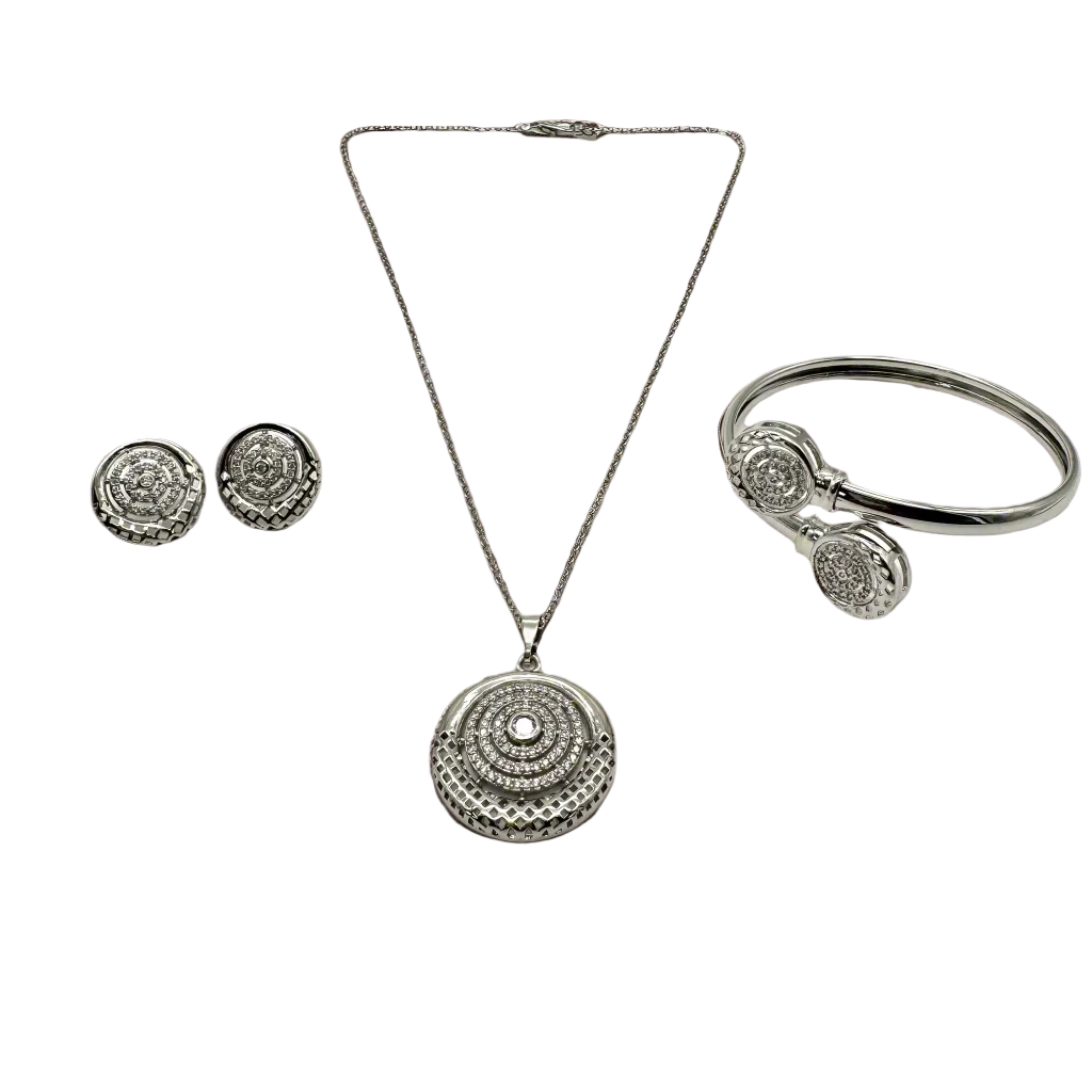 Sterling Silver Necklace, Earring and Cuff Set with Zirconia Stones